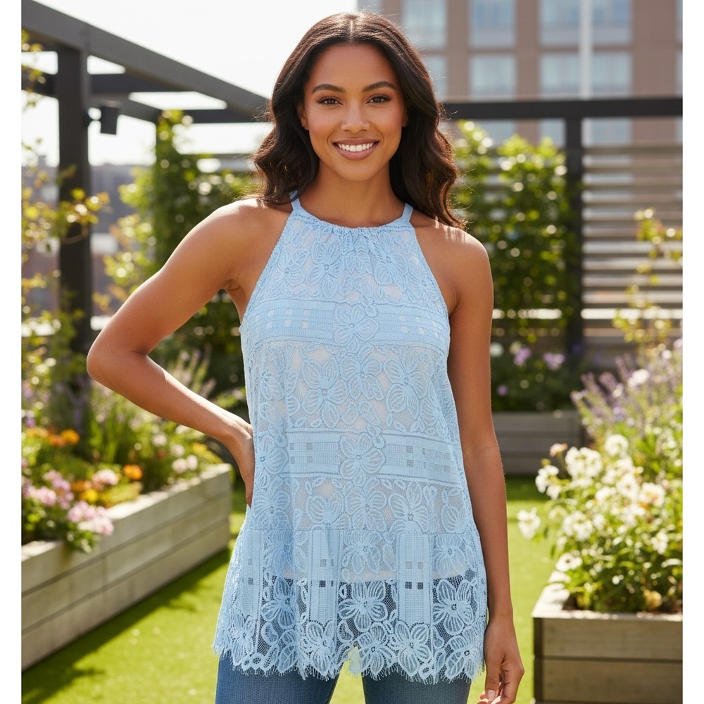 NEW Alfani 10 Top Blue Lace Tank Halter Peplum Boho Coquette Pastel Soft Girl